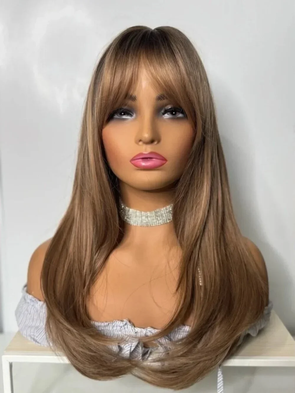 Long Straight Honey Brown Balayage Wig with Bangs – Natural Layered Look - 24”